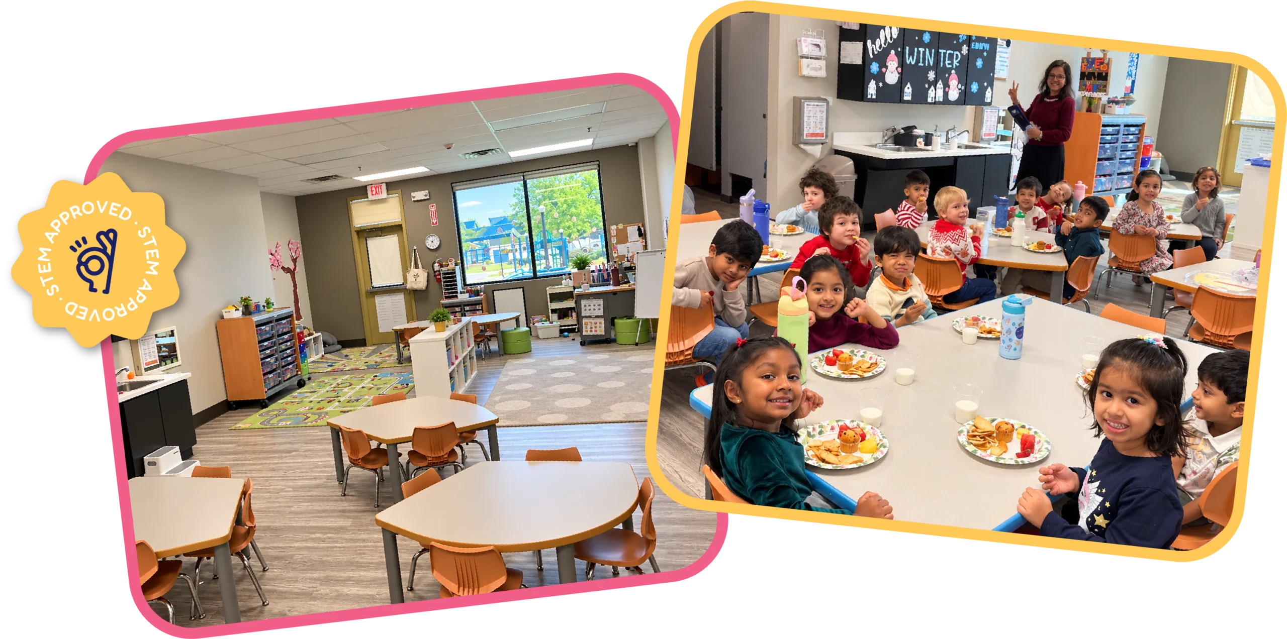 "Bright classroom and kids enjoying snack time at STEM Bright Beginnings daycare in Leander, TX