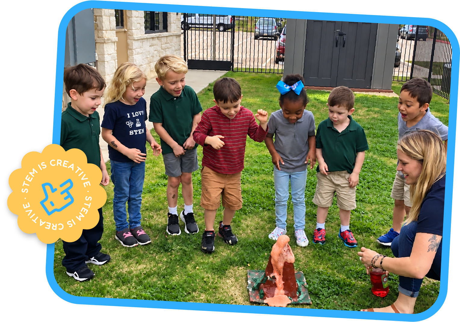 Excited children and a teacher watching a baking soda volcano eruption during an outdoor science activity at STEM Bright Beginnings childcare and daycare in Leander, TX