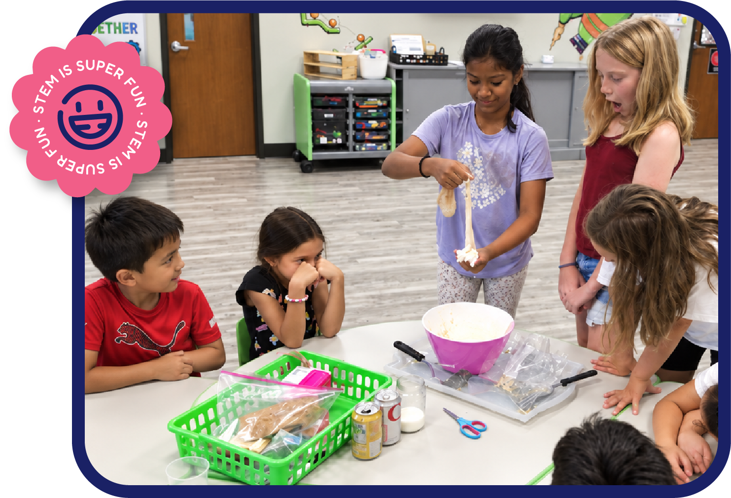 Students reacting excitedly while a classmate stretches homemade oobleck slime during a hands-on chemistry activity at STEM Bright Beginnings childcare and daycare in Leander, TX