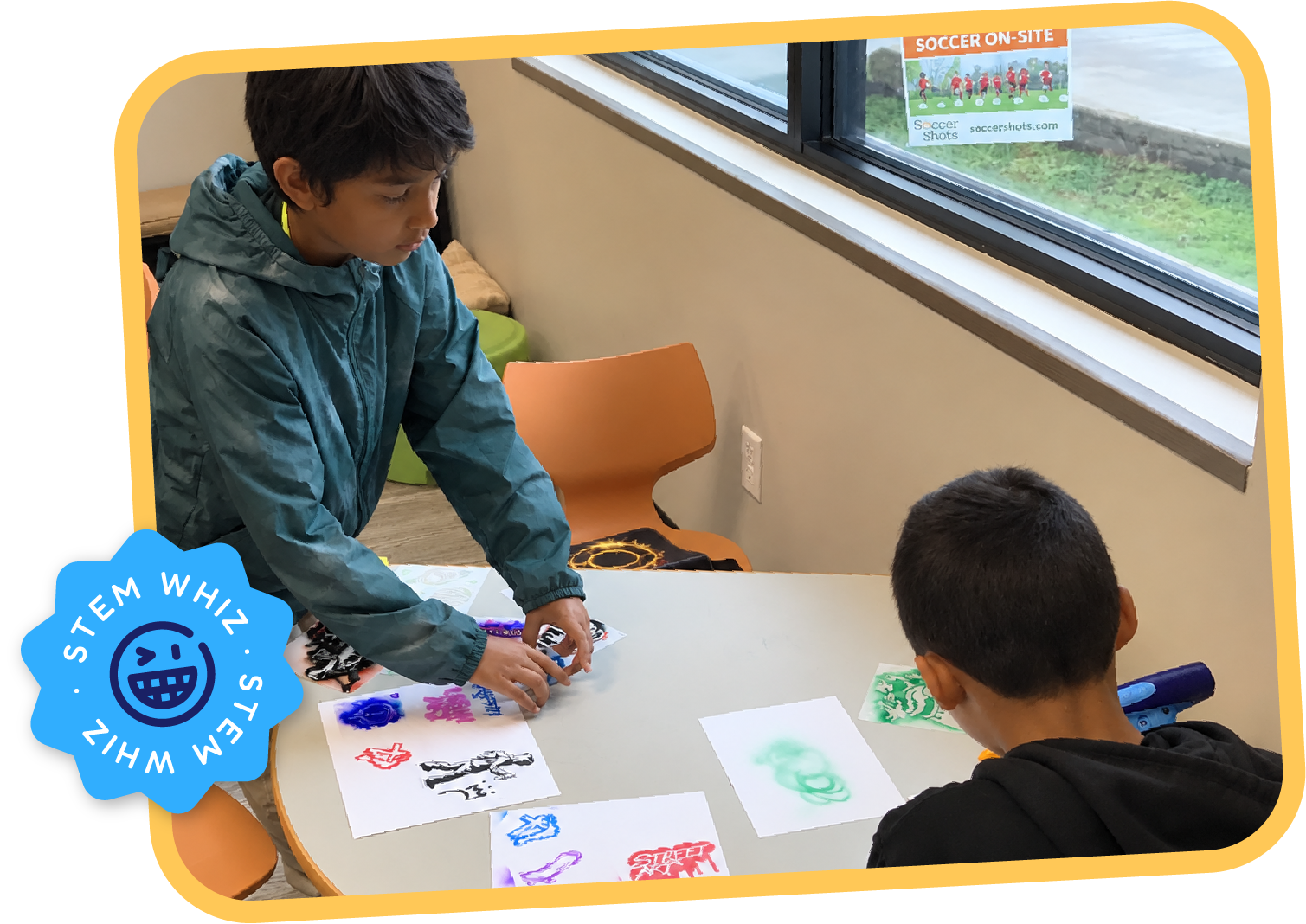 Students creating colorful spray chalk stencil art on paper during an After School creative activity at STEM Bright Beginnings in Leander, TX