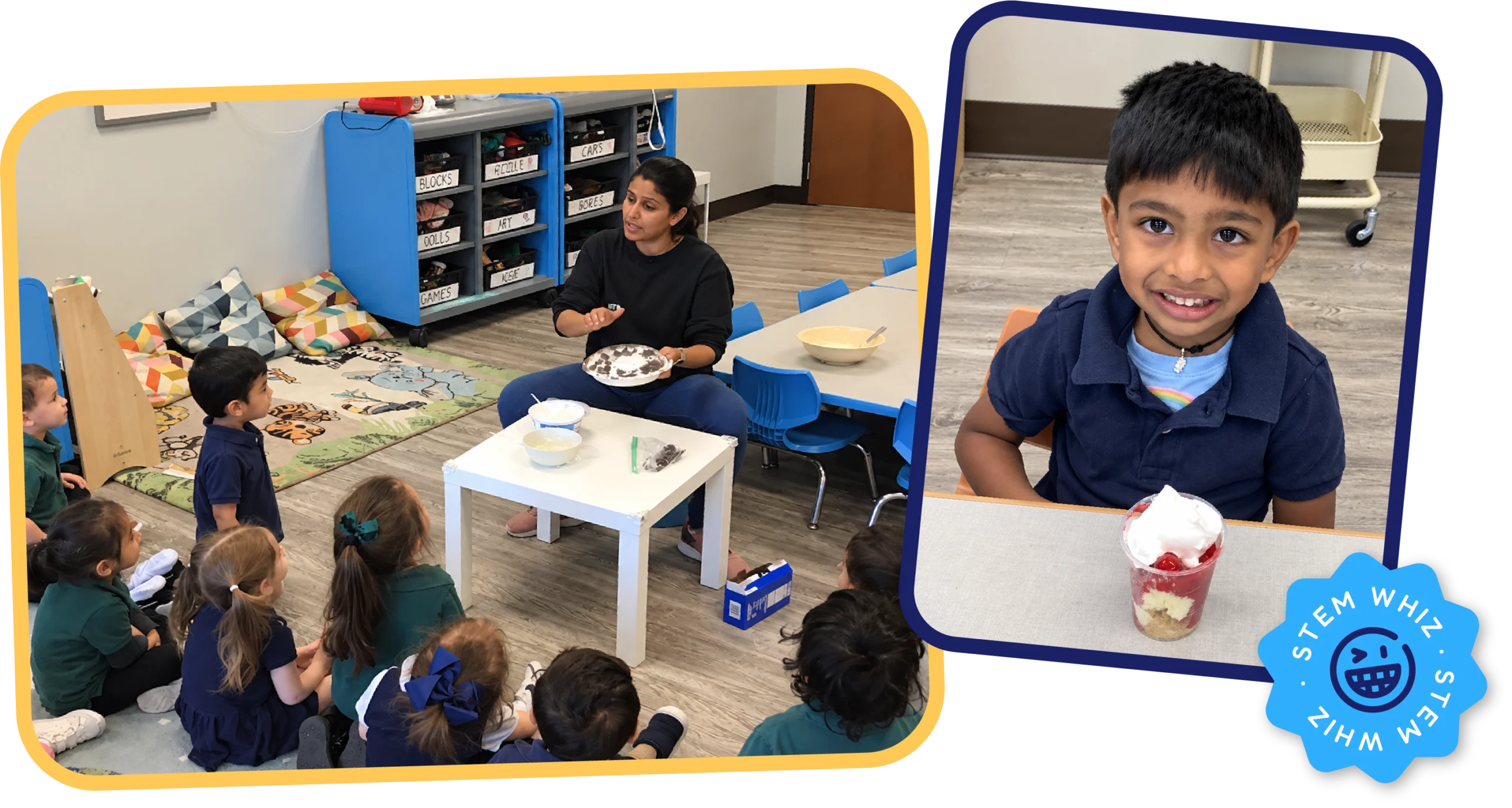 Teacher leading a group cooking lesson while a smiling boy shows off his layered dessert cup, a hands-on STEAM cooking activity at STEM Bright Beginnings childcare and daycare in Leander, TX