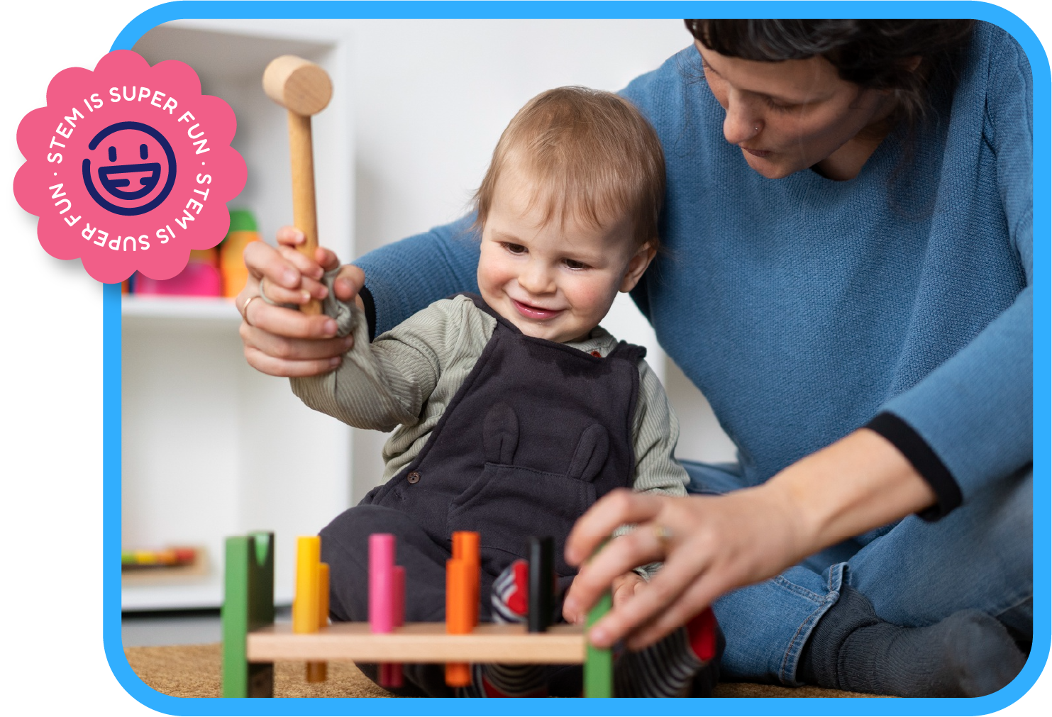 Teacher guiding a baby's hands as they explore a wooden peg-and-hammer toy in the Discoverers infant program at STEM Bright Beginnings in Leander, TX