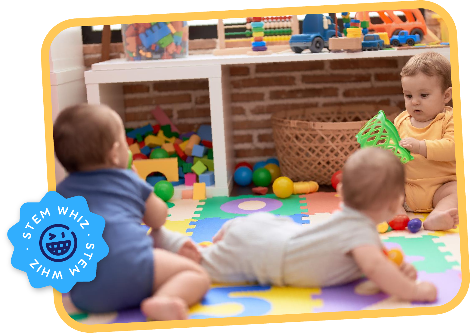 Three infants exploring toys and textures together on a colorful play mat in the Discoverers infant program at STEM Bright Beginnings in Leander, TX