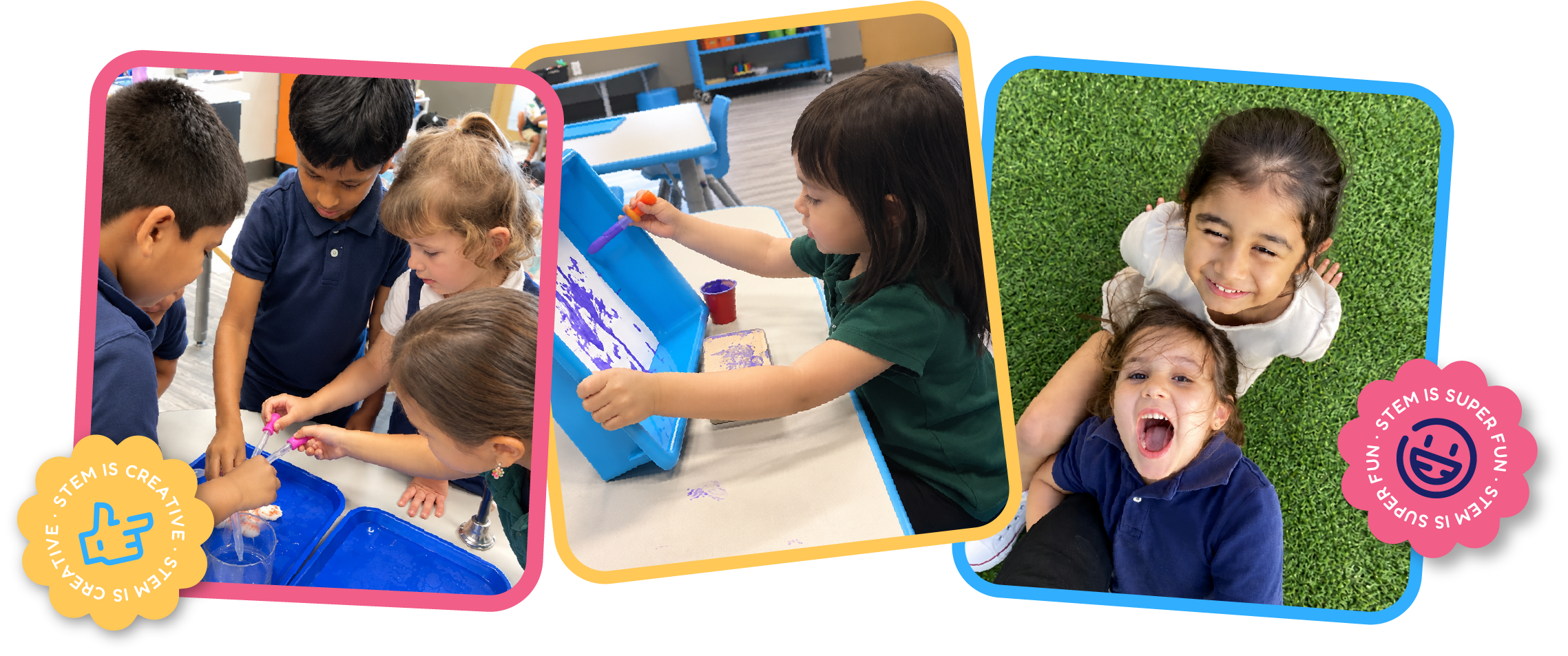 Happy kids playing outdoors and doing STEM experiments at STEM Bright Beginnings daycare in Leander, TX