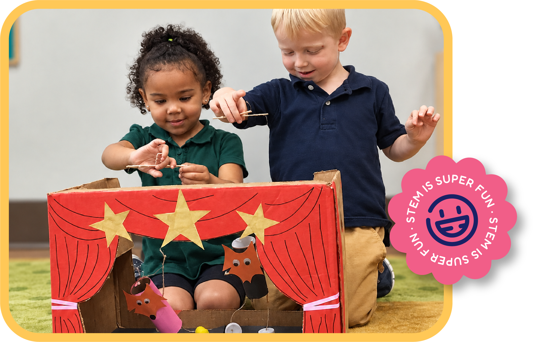 Kids playing with a DIY cardboard puppet theater at STEM Bright Beginnings daycare in Leander, TX