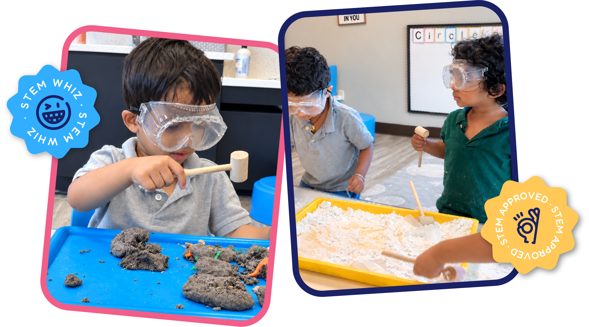 Children wearing safety goggles using mallets to excavate toy dinosaurs from clay and flour, a sensory science activity at STEM Bright Beginnings in Leander, TX