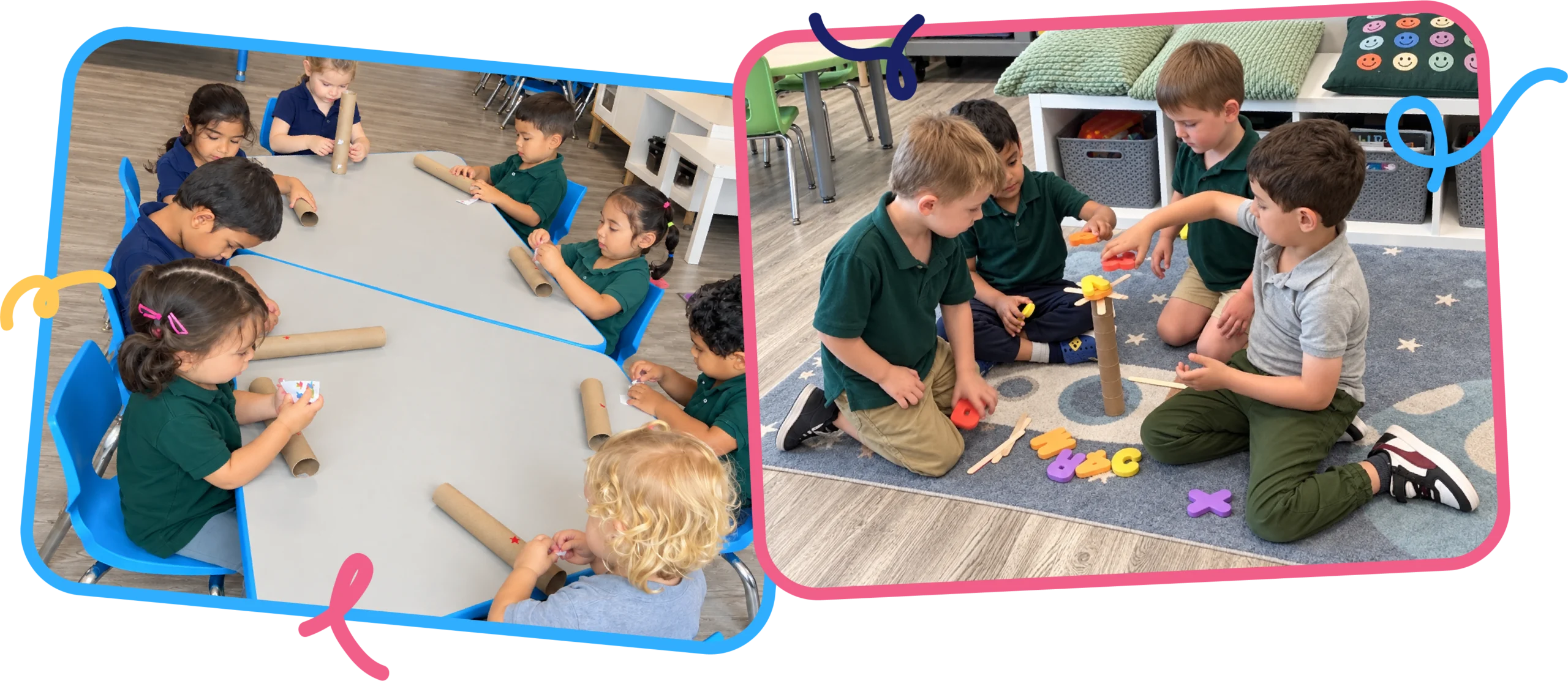 Collage of children decorating cardboard tube telescopes at a table and building with foam letters on the rug at STEM Bright Beginnings childcare and daycare in Leander, TX