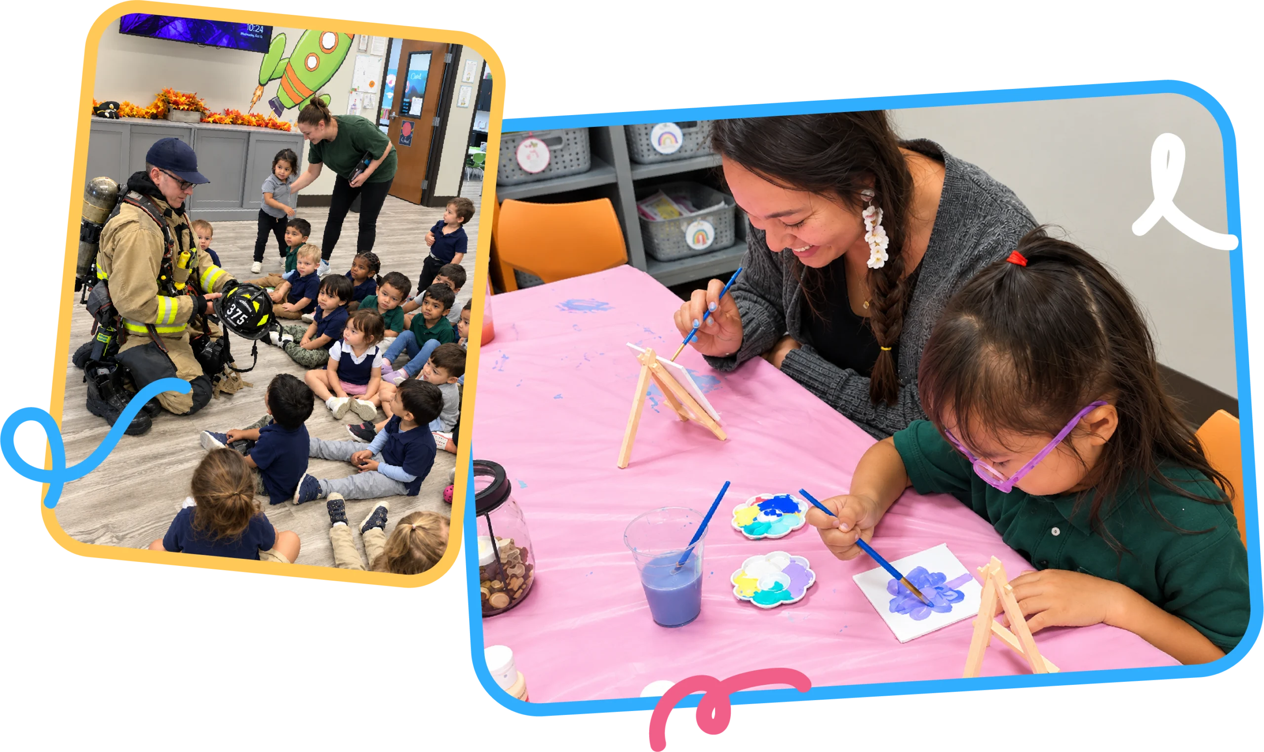 Collage of children learning fire safety from a firefighter and painting canvas art with a teacher at STEM Bright Beginnings childcare and daycare in Leander, TX