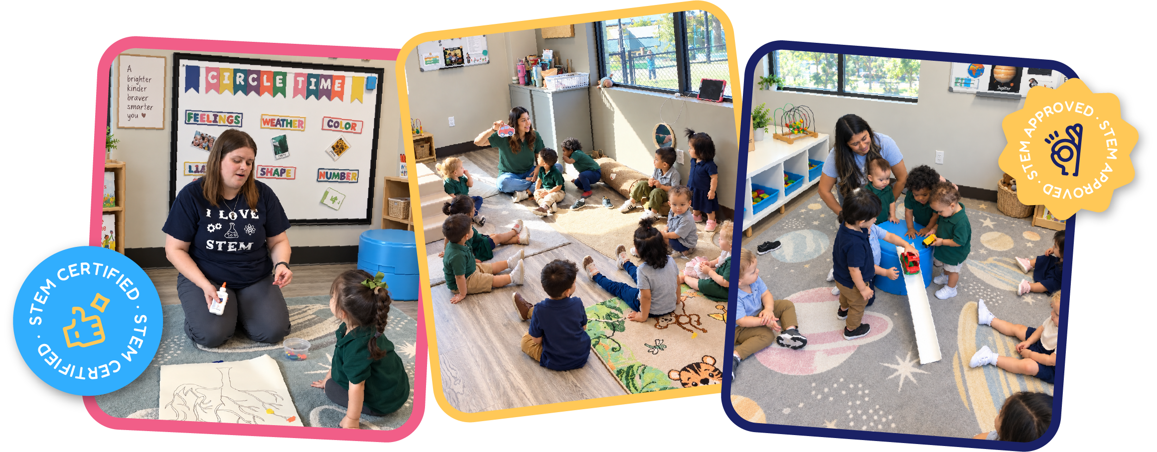 Collage of teachers leading circle time, storytime, and a ramp-and-cars activity with young children at STEM Bright Beginnings childcare and daycare in Leander, TX