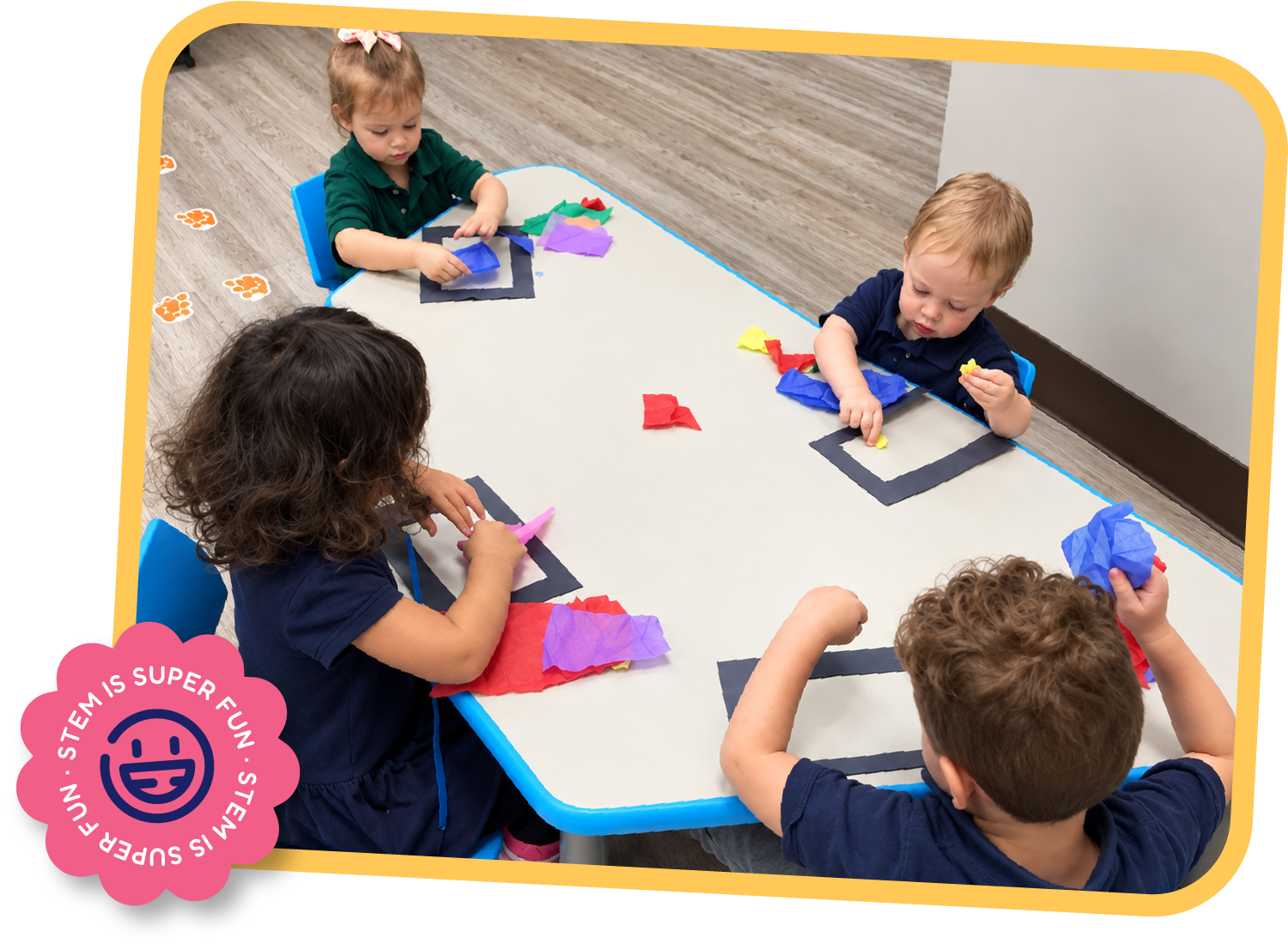 Young children filling square outlines with colorful tissue paper during a fine motor and shape activity at STEM Bright Beginnings childcare and daycare in Leander, TX