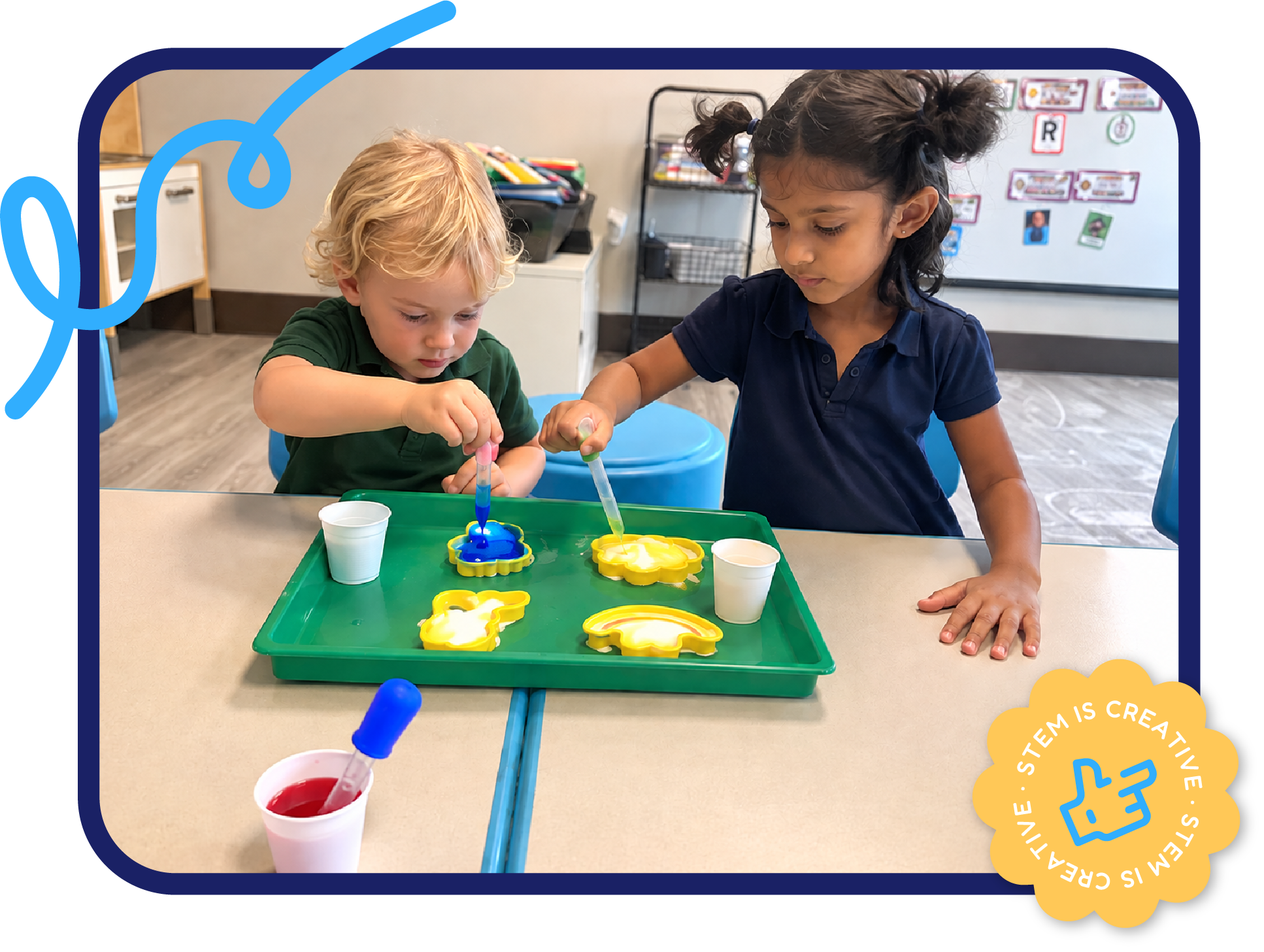 Children explore colors and hands-on science activities at STEM Bright Beginnings in Leander, TX, encouraging curiosity, creativity, and early STEM learning through play.