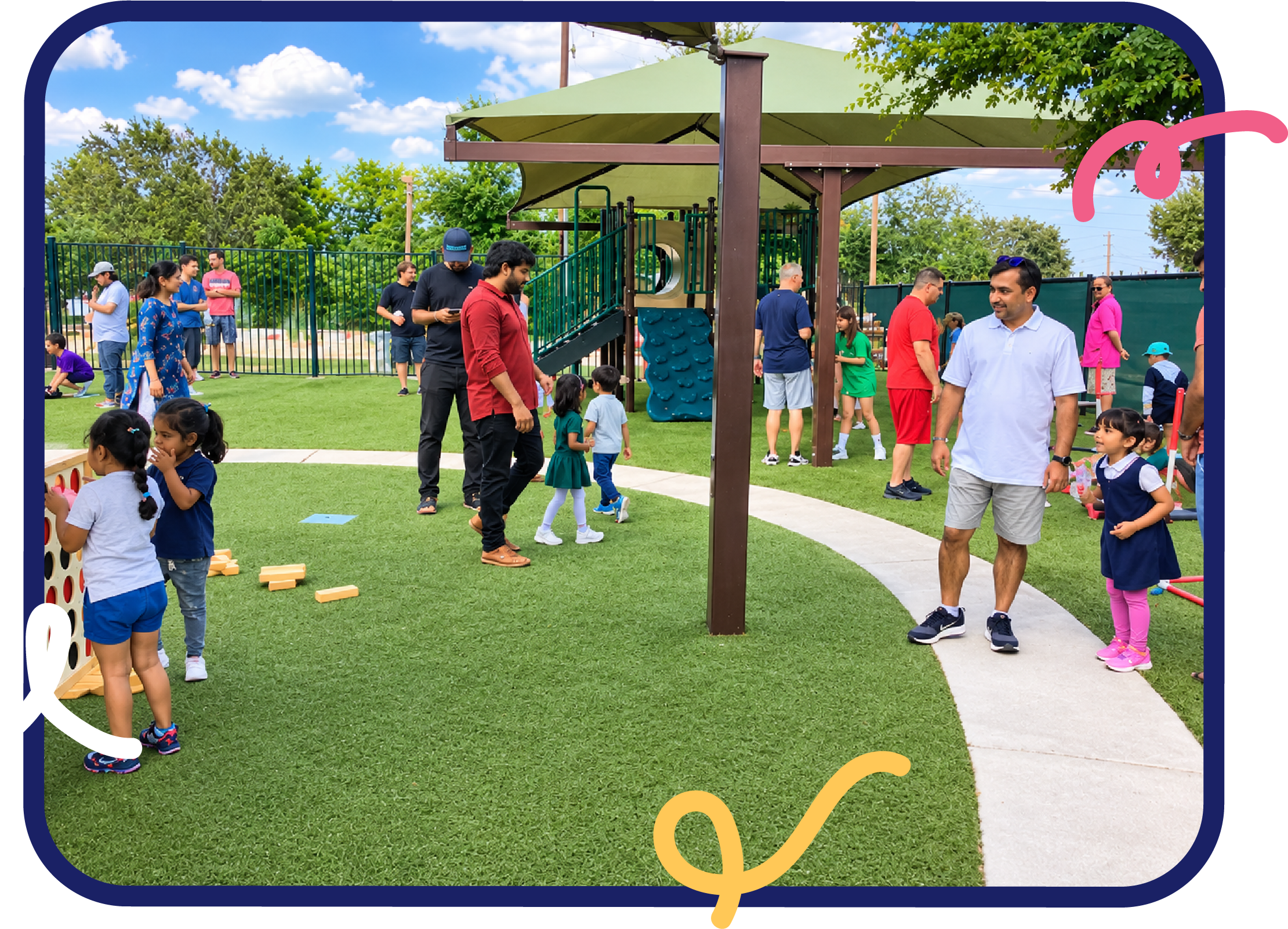 Parents and children gathered on the playground for a community event at STEM Bright Beginnings childcare and daycare in Leander, TX