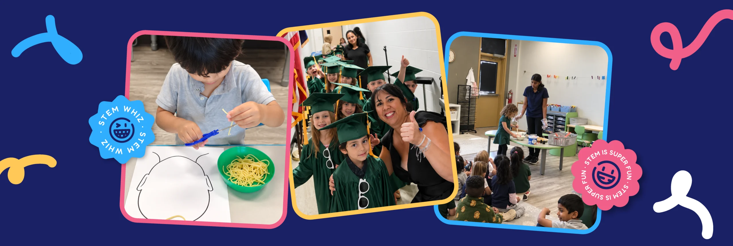 Children doing a spaghetti hair craft, a preschool graduation ceremony, and a classroom activity at STEM Bright Beginnings