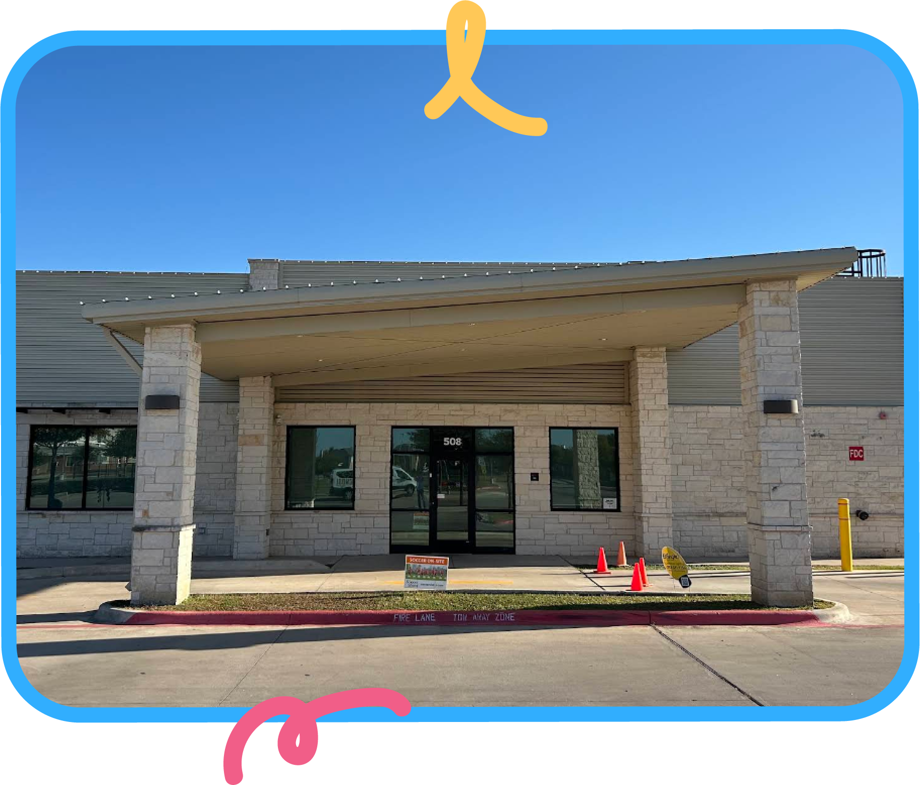 Front entrance of the STEM Bright Beginnings childcare and daycare facility, located at 508, in Leander, TX