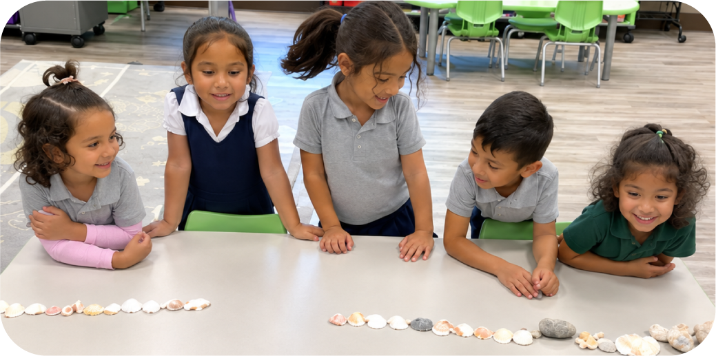 Preschoolers sorting shells and rocks by size at STEM Bright Beginnings daycare in Leander, TX